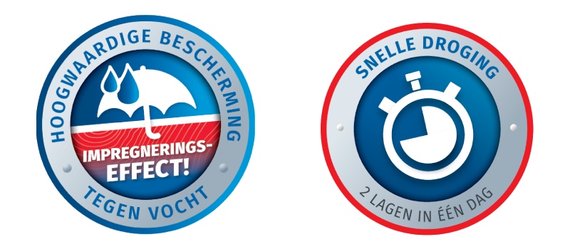 Twee badges die de voordelen van 3 in 1 beits tonen. De linkerbadge geeft aan dat het product een impregnerende werking heeft en beschermt tegen vocht. De rechterbadge benadrukt de snelle droging en de mogelijkheid om twee lagen in één dag aan te brengen.